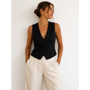 Reformation Black Organic Cotton Tailored Button Up Vest Waistcoat Size 8